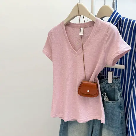 粉色V领正肩竹节棉短袖T恤女夏季修身韩版打底衫内搭外穿半袖上衣商品大图