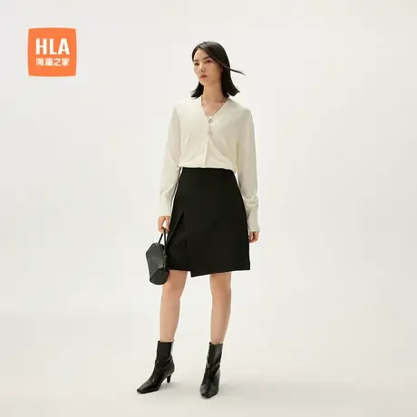 HLA/海澜之家自在唤我lady黑色通勤半身裙秋新款开叉A字短裙女装商品大图
