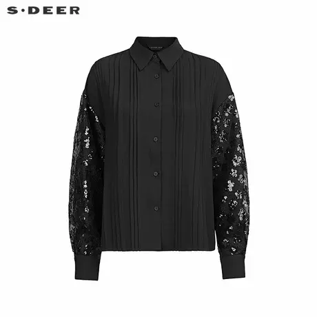 sdeer圣迪奥女装文艺翻领压褶亮片长袖衬衫S244Z0507商品大图