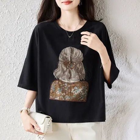 短袖t恤女夏季新款加肥加大码女装宽松中年妈妈洋气卡通印花体恤图片