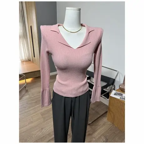 甜甜少女～ 翻领喇叭袖长袖针织衫修身打底衫上衣秋冬新款商品大图