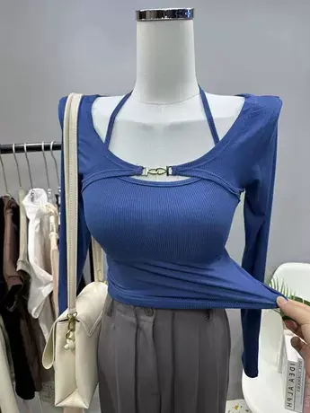 辣妹上线~套头短款长袖披肩紧身性感挂脖吊带背心女两件套上衣薄商品大图