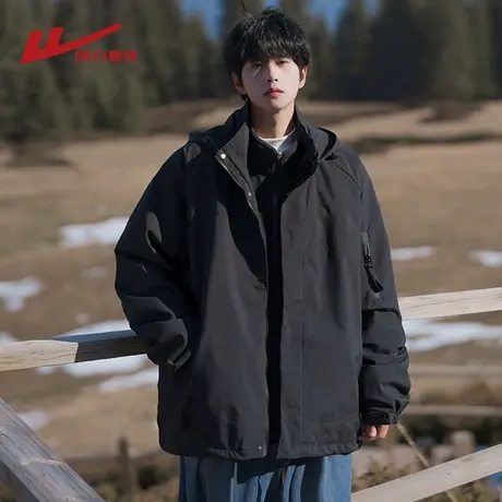 回力黑色三合一冲锋夹克男士春秋季款防风防水可拆卸内胆登山外套图片