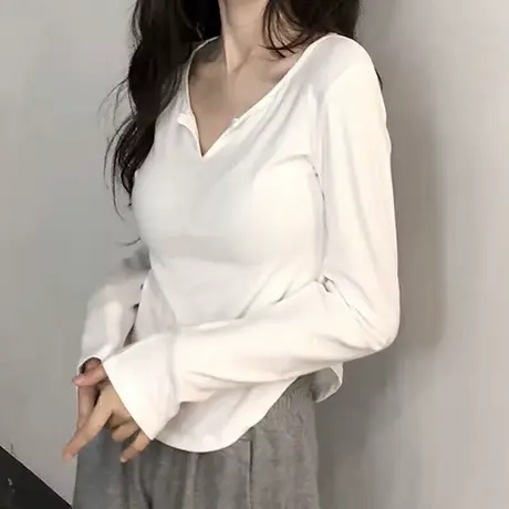 弧形下摆长袖T恤女螺纹纯棉早春秋装韩版百搭修身显瘦V领上衣体恤商品大图