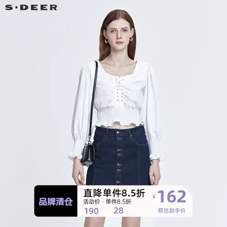 sdeer圣迪奥女装复古方领绑带收腰泡泡袖短款衬衫S22160511🎯商品大图