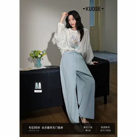 阔色蓝色直筒宽松休闲裤女2025夏日穿搭高腰拖地阔腿裤长裤子白色商品大图