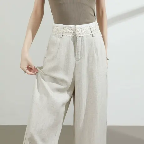 莱赛尔天丝亚麻西装裤女夏季薄款高腰直筒蕾丝花边休闲拖地阔腿子商品大图