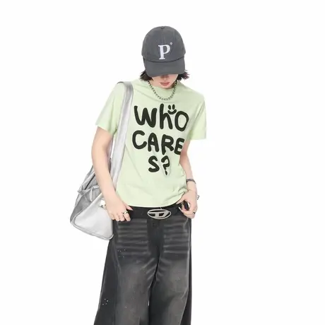 2025新款正肩个性字母印花短袖T恤女夏季短款辣妹街头风半袖上衣图片