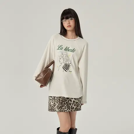 omont蛋挞家 复古印花磨毛加厚长袖T恤2025春季休闲百搭圆领上衣商品大图