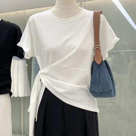 气质绑带设计感纯色圆领短袖上衣2025春夏新款女装显瘦通勤风T恤商品大图