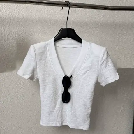 辣妹大领口V领短袖T恤女夏季修身韩版正肩打底衫内搭短款半袖上衣商品大图