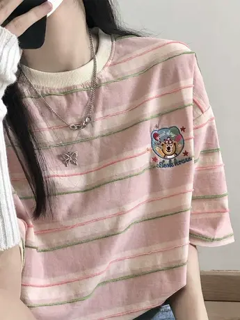 oversize大码粉色条纹刺绣t恤女夏季宽松短袖ins潮牌洋气减龄上衣商品大图