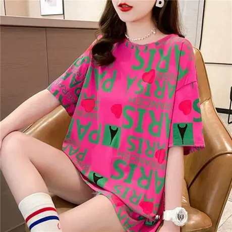 2024夏季新款欧货潮牌超火cec宽松大码字母印花中长款短袖T恤女衣商品大图