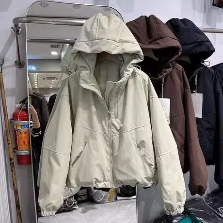 2025年设计感时尚夹棉保暖短款运动冲锋衣外套女冬季抽绳宽松棉服商品大图