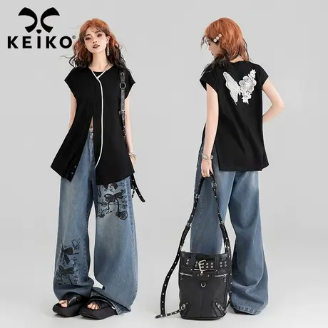 KEIKO [两穿] 辣妹交叉收腰黑色t恤夏季镂空绣花显瘦别致正肩上衣商品大图