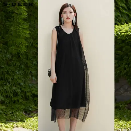 sdeer圣迪奥女装夏季网纱长裙拼接气质无袖黑色连衣裙S20281264商品大图