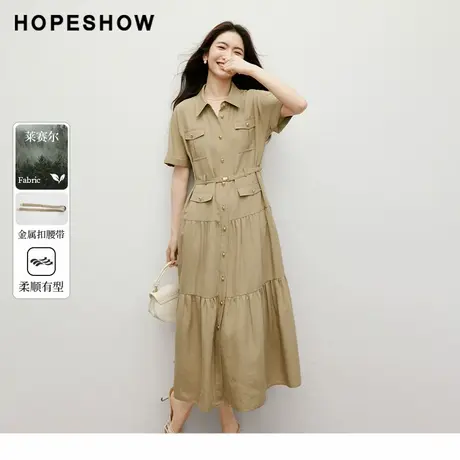 红袖2025秋季新款女装工装风松紧系带拼接单排扣短袖翻领连衣裙图片