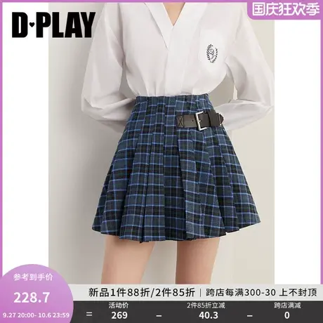 DPLAY2023冬学院风藏青格纹皮搭扣搭片百褶裙防走光裤里半身裙商品大图