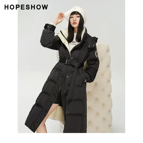 红袖outlets贴标立领连帽羽绒服hopeshow2023冬款工装式长款外套商品大图