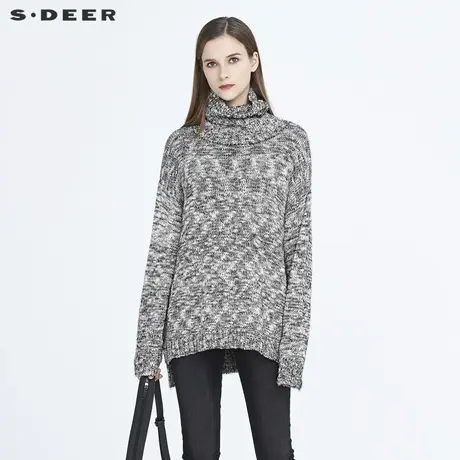 sdeer圣迪奥新款慵懒休闲高领撞色提花开衩宽松毛衣S20463529图片