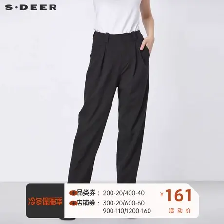 sdeer圣迪奥女装秋季直筒裤时尚压褶撞色插袋黑色长裤S21360817图片
