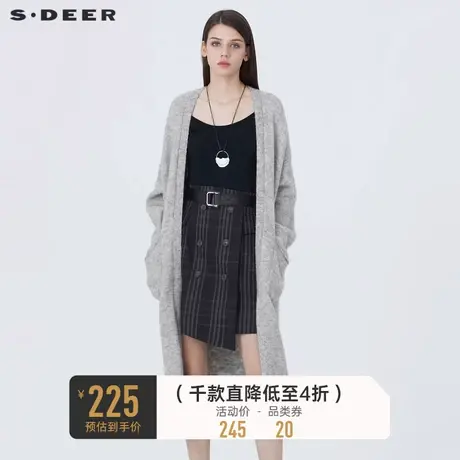 sdeer圣迪奥女装休闲开襟插袋慵懒长款灰色针织衫开衫S20483527图片