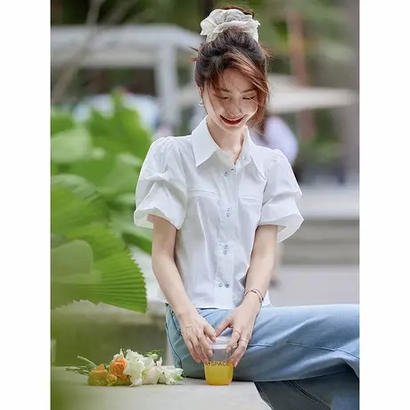 时尚短袖衬衫2025年夏季新款泡泡袖纯色减龄百搭短款小个子上衣商品大图