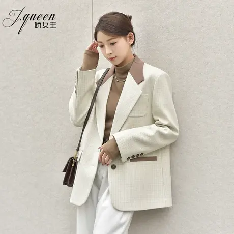 格纹西装外套女秋季新款时尚高级设计感撞色拼接领休闲西服上衣商品大图