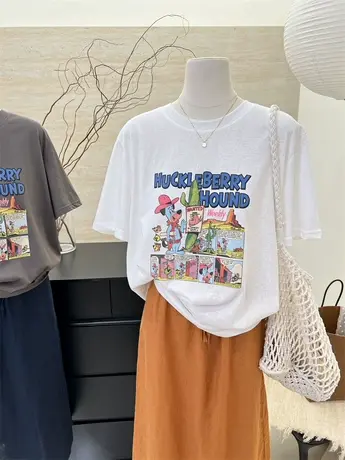 2024夏季新款雪花棉宽松休闲百搭小众设计感卡通印花短袖T恤女商品大图