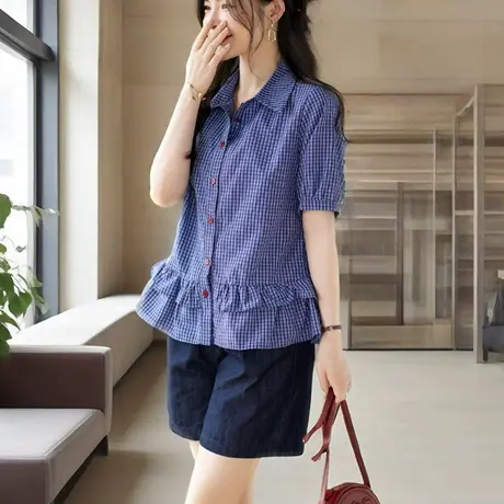时尚洋气蓝色格子短袖衬衫女夏季新款宽松遮肉显瘦妈妈上衣薄款图片