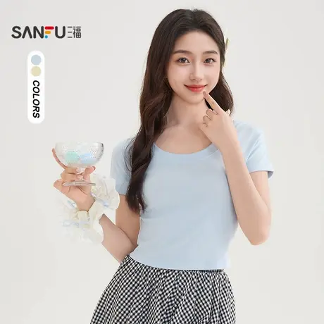 三福短T恤2025夏季后背蕾丝花边拼接圆领优雅上衣女装504206商品大图