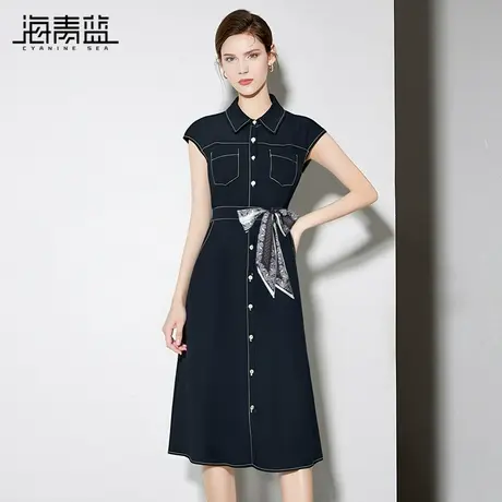 海青蓝 牛仔连衣裙2025年新款纯色藏蓝女装海边度假夏季中长裙商品大图