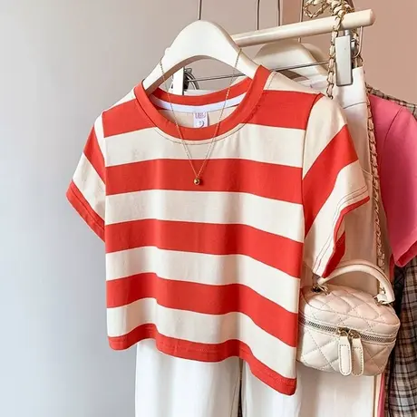 小个子短款短袖T恤女夏季2025新款韩版宽松条纹纯棉半袖上衣潮牌商品大图