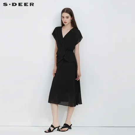 sdeer圣迪奥女装V领压褶拼接垂坠短袖连衣裙S223Z12V4商品大图