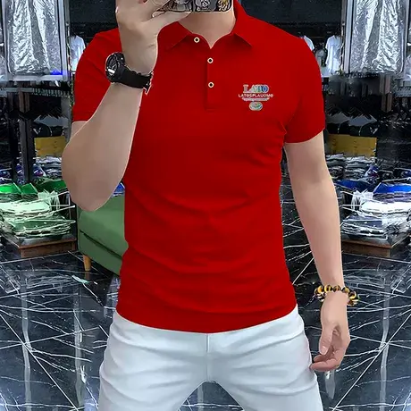 半袖上衣男士短袖轻奢夏季新款Polo衫舒适透气合身型简欧男装红色图片