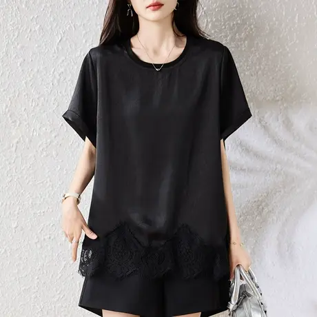 短袖t恤女夏季新款加肥加大码女装宽松中年妈妈蕾丝拼接半袖体恤图片