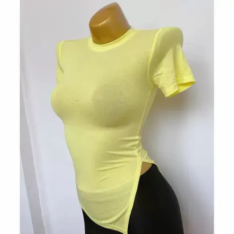 ins网红小圆领紧身弹力显胸大腰细包身上衣性感开叉短袖微透T恤薄图片