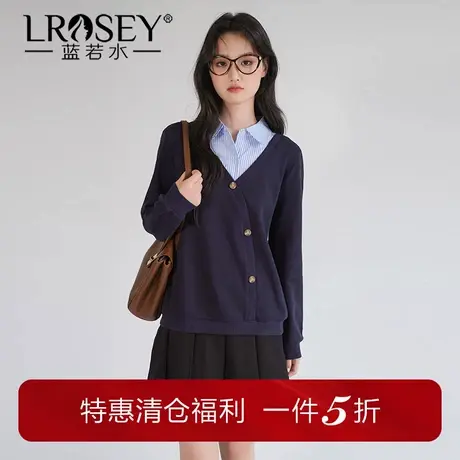 蓝若水大码女装条纹衬衫领拼接卫衣胖mm秋季新款假两件宽松上衣商品大图