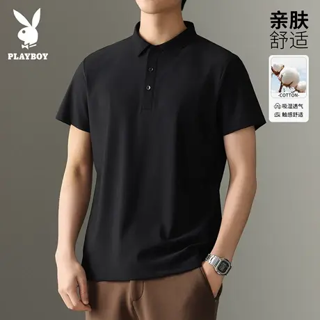 花花公子速干冰丝短袖POLO衫男士2025夏季宽松休闲翻领黑色上衣服商品大图