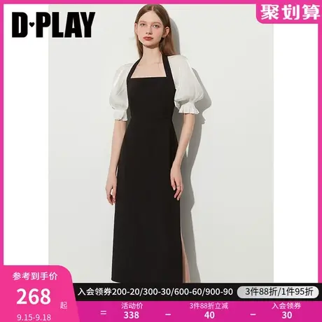 DPLAY2023夏新法式复古经典黑美背方领后背镂空侧开衩连衣裙图片