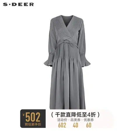 sdeer圣迪奥女装V领风琴褶拼接长袖连衣裙S233Z12V2商品大图