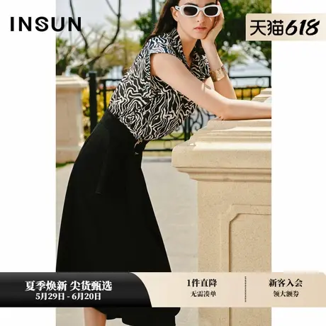 【桑蚕丝】INSUN恩裳夏装斑马纹弹力缎无袖桑蚕丝衬衫图片