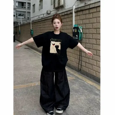 韩版慵懒风纯棉宽松黑色短袖t恤女2025新款独特超好看上衣高级感商品大图