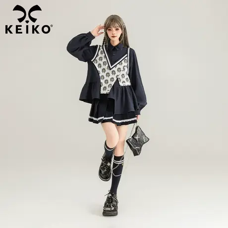 KEIKO 小雏菊碎花假两件衬衣春季甜妹学院风泡泡袖上衣韩系娃娃衫图片