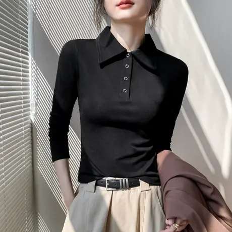 韩版Polo领长袖T恤女2025秋季新款纯色正肩修身显瘦别致内搭上衣图片