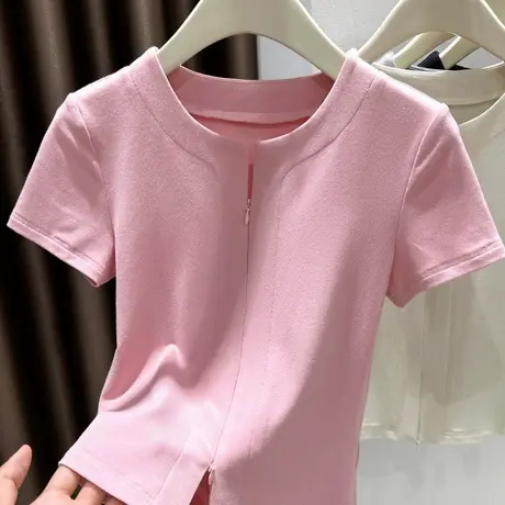 粉色甜美多巴胺冰丝针织短袖T恤女夏2025新款拉链开叉打底衫上衣商品大图