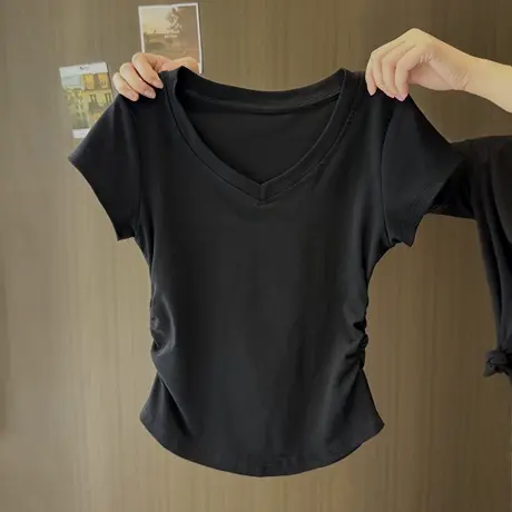黑色高级感V领褶皱收腰短袖T恤女夏季修身小个子打底衫短款上衣潮商品大图