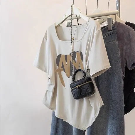 方领短袖女2024新款下摆不规则收腰T恤女大码宽松oversize上衣夏图片