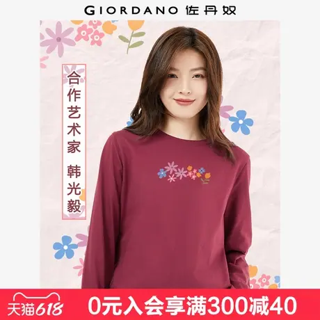 佐丹奴联名t恤女新款纯棉甜美减龄花朵印花长袖套头衫女99395047图片