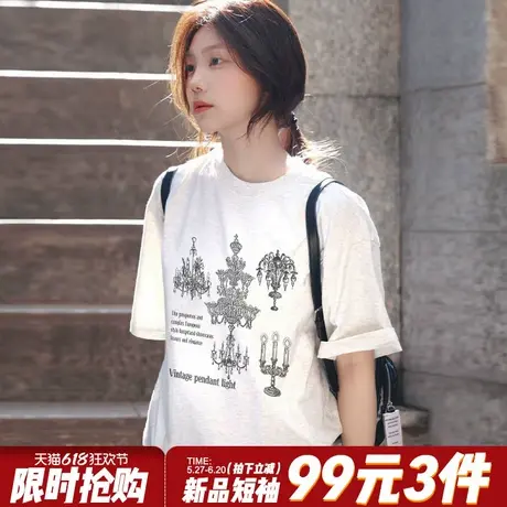 韩系慵懒风百搭纯棉花灰色短袖t恤女小众设计感宽松正肩上衣ins潮商品大图